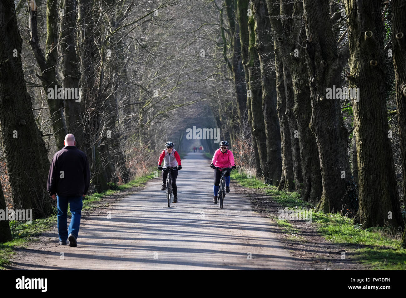 Homme marchant le long chemin large comme deux approche cyclistes Banque D'Images