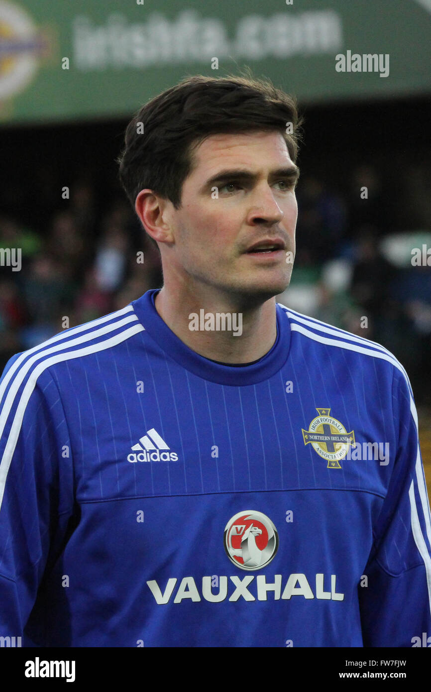 28 mars 2016 - défi international de Vauxhall (Friendly). L'Irlande du Nord 1 Slovénie 0. Kyle Lafferty - Irlande du Nord Banque D'Images