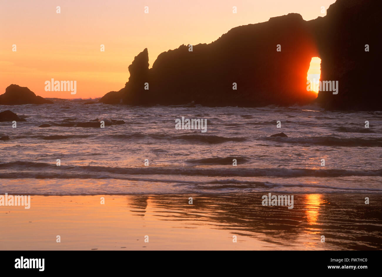 Du soleil qui brillait à travers un Seastack au deuxième plage, Olympic National Park, Washington, États-Unis Banque D'Images