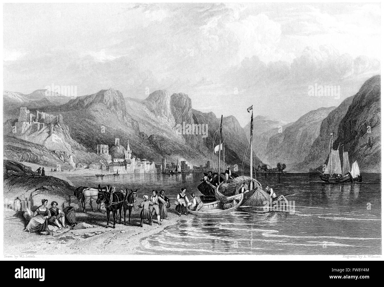 Une gravure de Bacharach sur le Rhin numérisées à haute résolution à partir d'un livre imprimé en 1876. Croyait libres de droit. Banque D'Images
