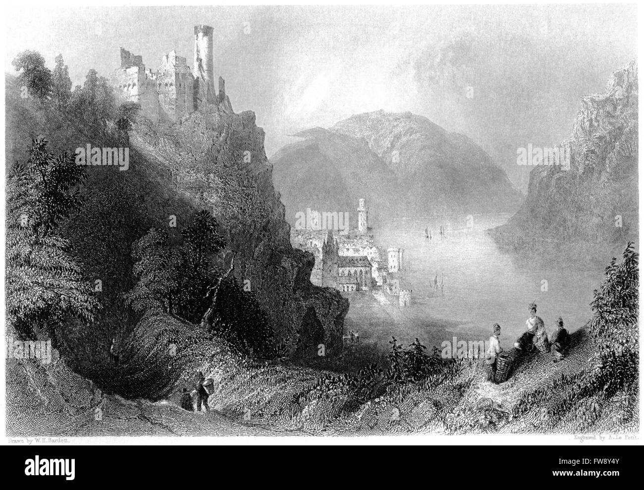 Une gravure de Oberwesel et le château de Schonberg numérisées à haute résolution à partir d'un livre imprimé en 1876. Banque D'Images