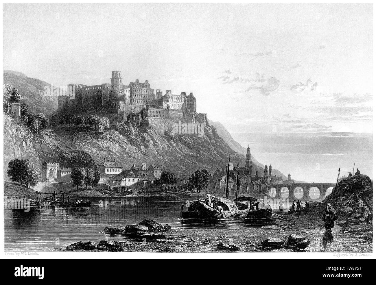 Une gravure de la ville et du château d'Heidelberg - Rhin numérisées à haute résolution à partir d'un livre imprimé en 1876. Banque D'Images