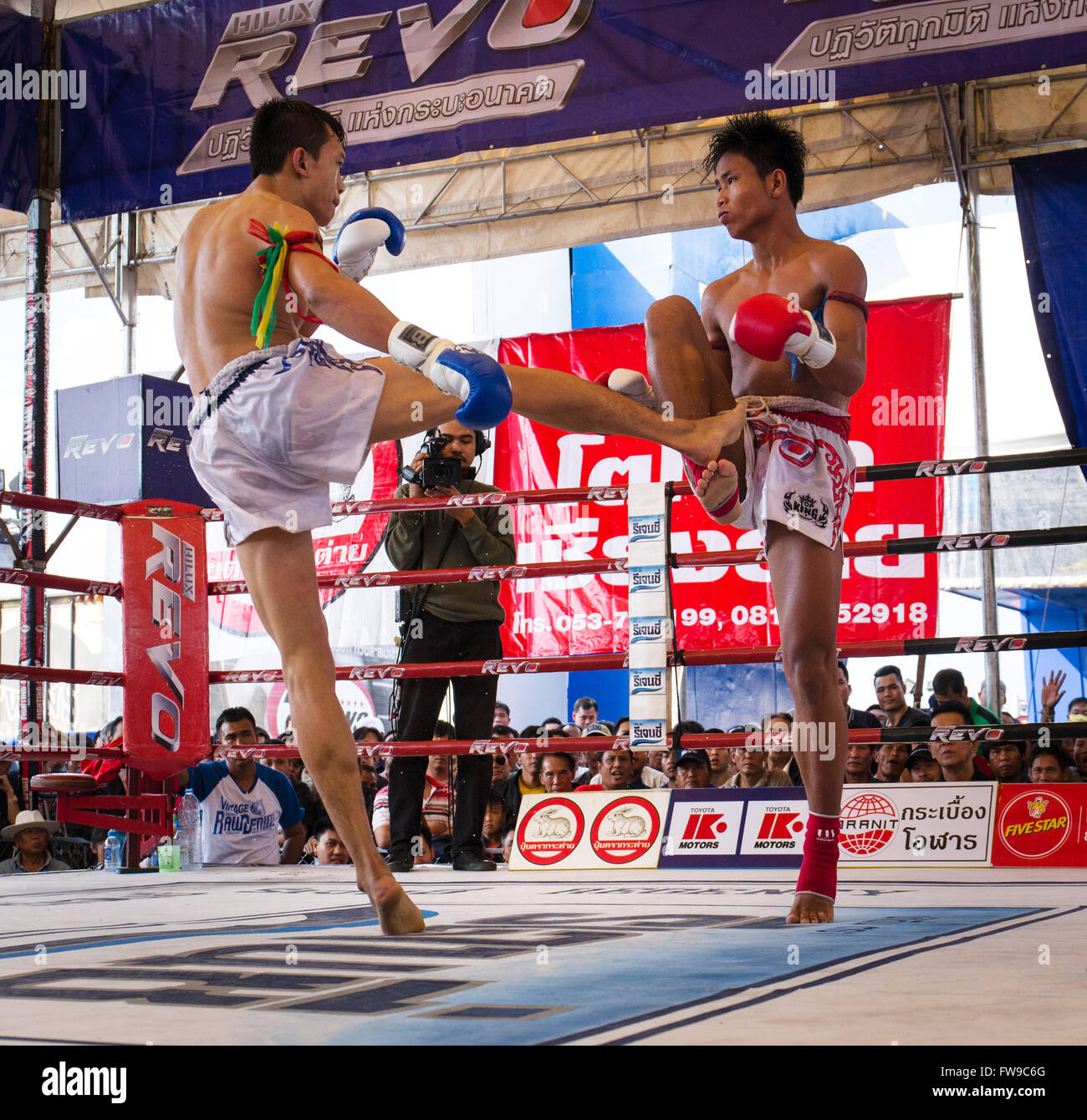 Le Muay Thai, boxe thaïe, deux hommes se battre dans le ring de boxe, Thaïlande Banque D'Images