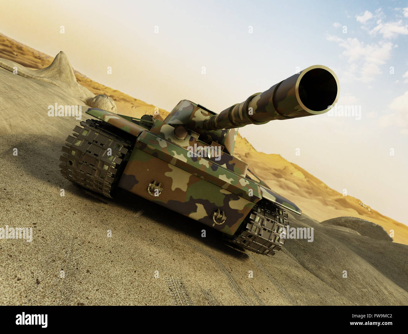 Camouflage tank dans le désert se déplaçant à parmi les sables bitumineux Banque D'Images