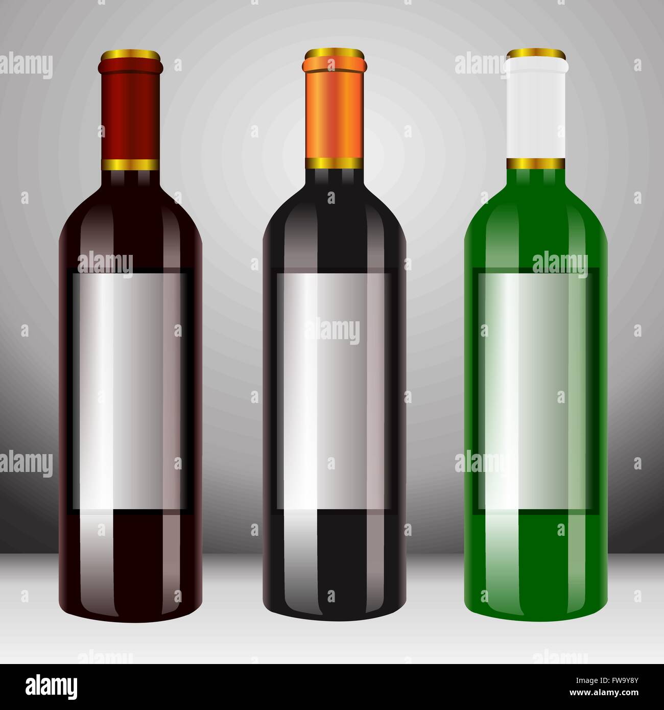 Une bouteille de vin, trois bouteilles de vin blanc et de vin rouge. Illustration de Vecteur