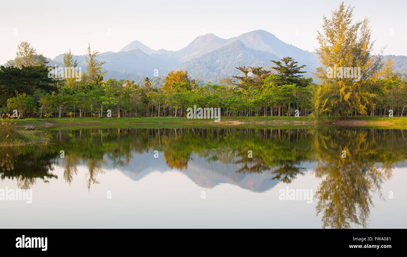 Panorama de montagnes et de forêt se reflétant dans le lac tôt le matin, en Thaïlande. Banque D'Images