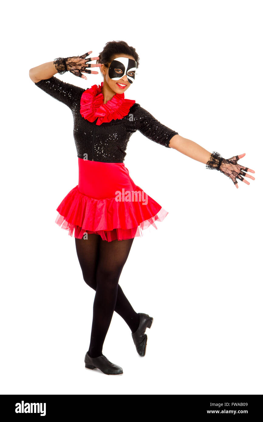 African American Teen Danseur de claquettes en noir et rouge Costume considérant Banque D'Images