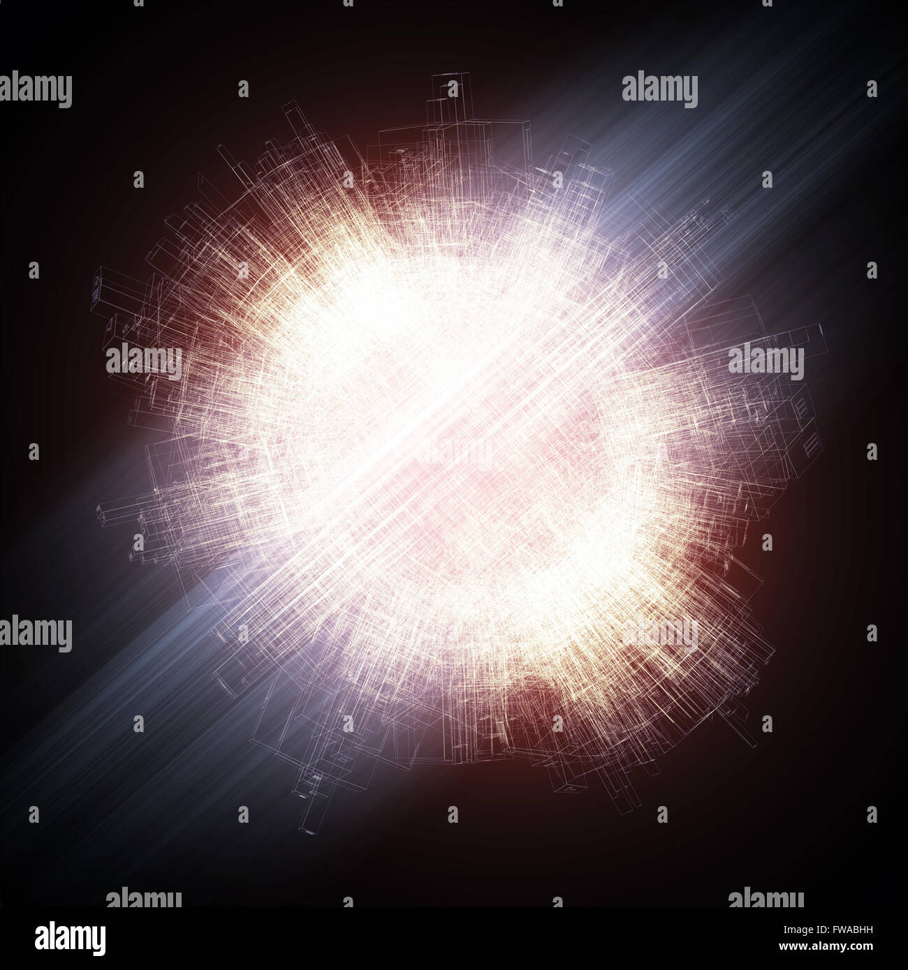 Résumé de l'objet sphérique lumineux numérique avec les lignes de fil de fer et des faisceaux lumineux bleu/ 3d illustration Banque D'Images