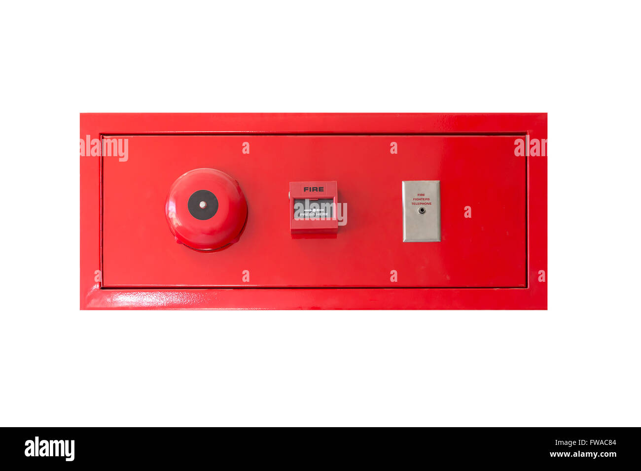 Panneau d'alarme incendie isolé sur fond blanc avec clipping path Banque D'Images