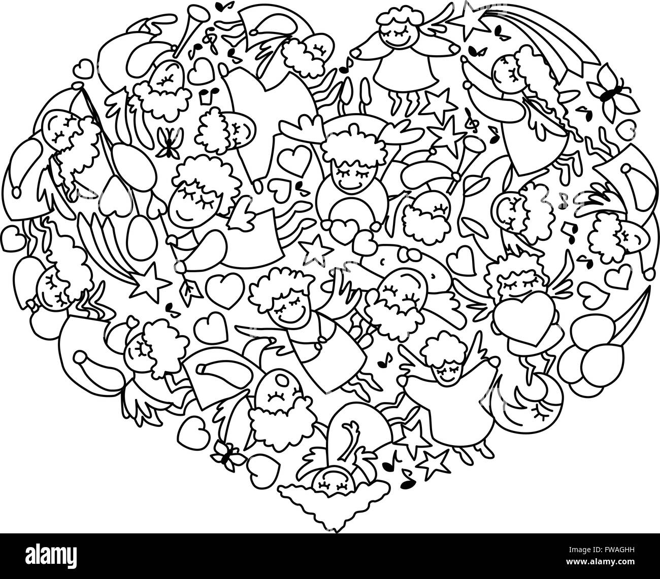 Coloriage avec coeur de noir blanc anges et de Cupids. Carte pour la Saint Valentin. Illustration de Vecteur
