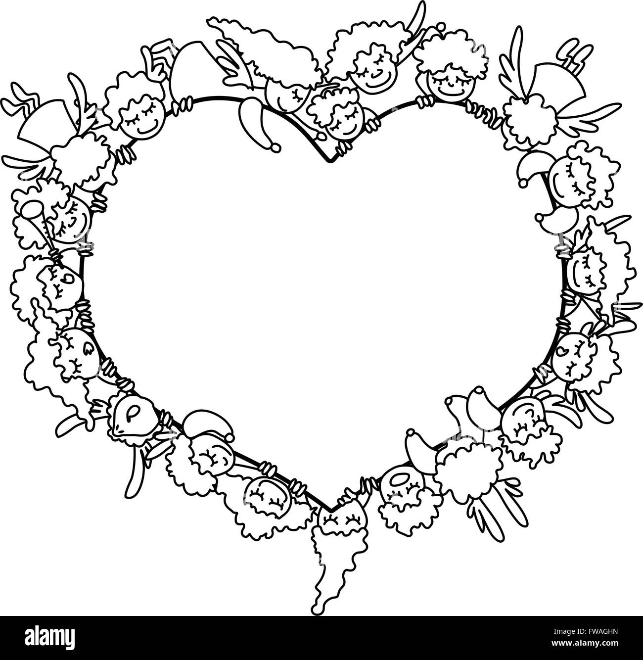 Coloriage avec flying angels et cupids autour de cœur. Carte pour la Saint Valentin. Illustration de Vecteur