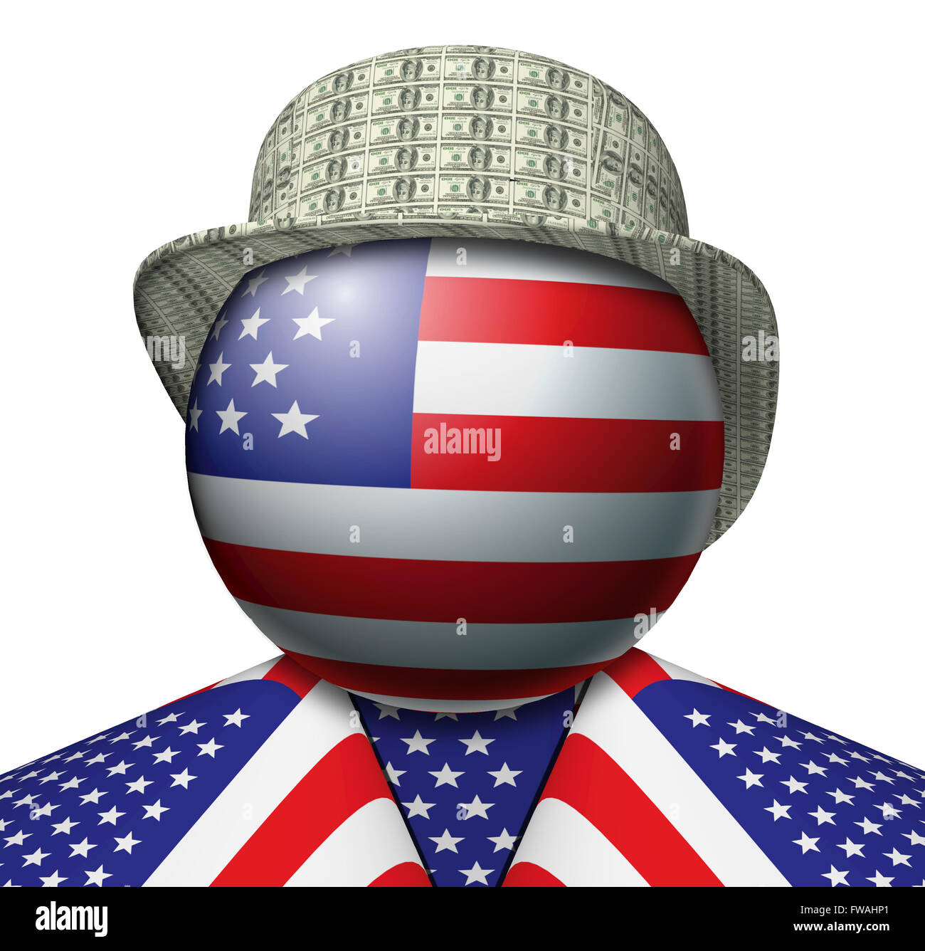 Illustration d'une figure composée d'un drapeau américain avec un chapeau fait de dollars Banque D'Images