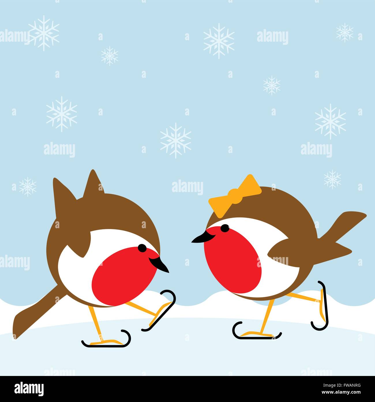Un couple de cartoon robin redbreasts patinage sur glace en hiver Illustration de Vecteur