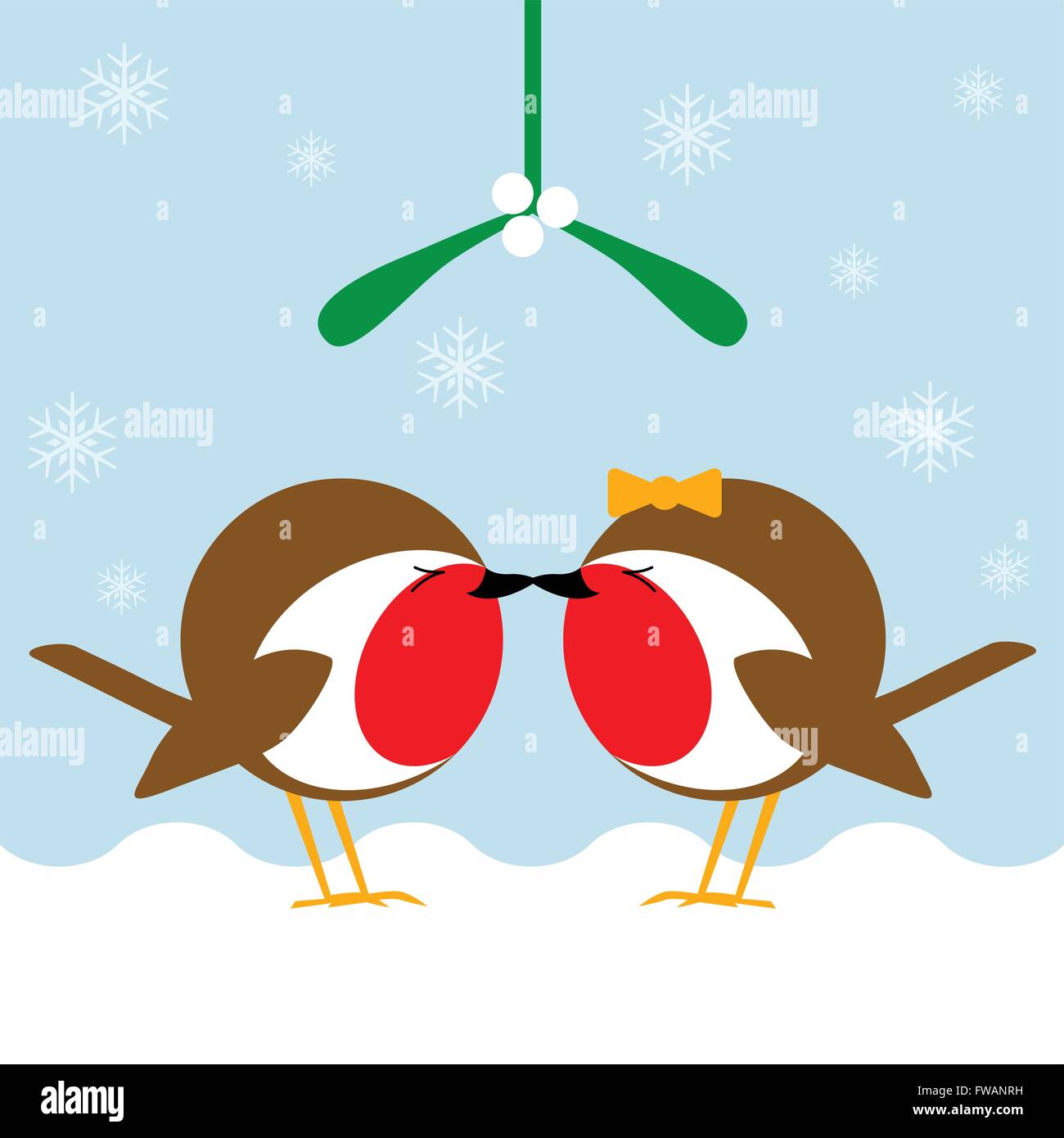 Dessin animé deux redbreasts Robin s'embrasser sous le gui dans la neige de l'hiver. L'un d'une série de scènes de Noël dessin animé robin Illustration de Vecteur