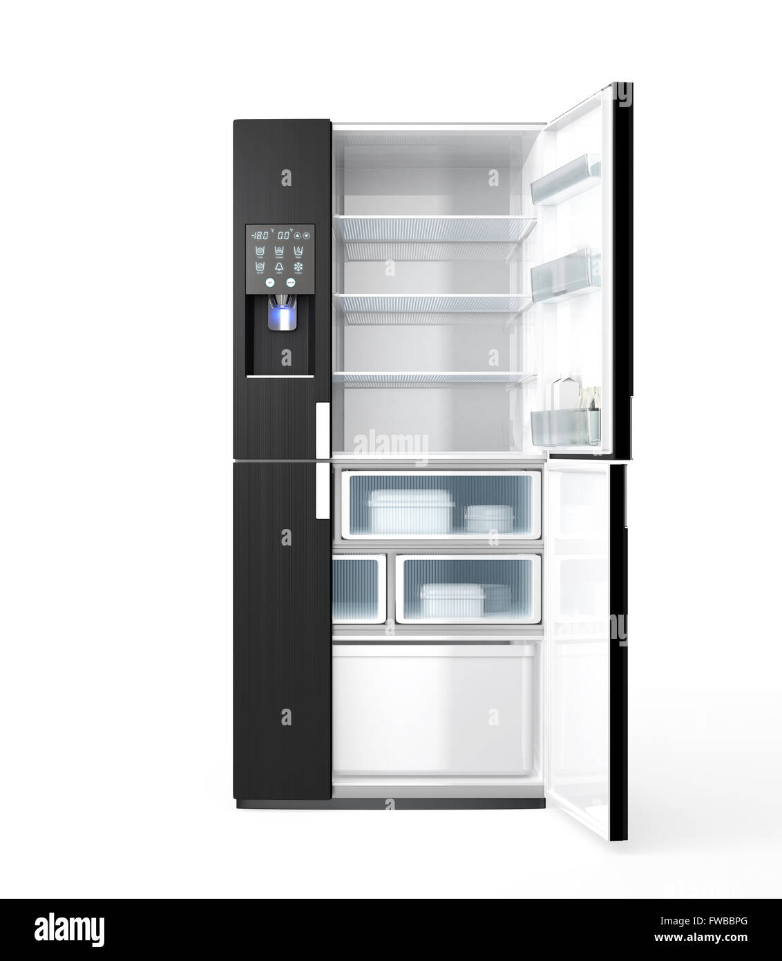 Smart réfrigérateur avec distributeur de glaçons. Obtenez plus d'information de l'alimentation et de boire par touch eboulis sur la porte. Banque D'Images