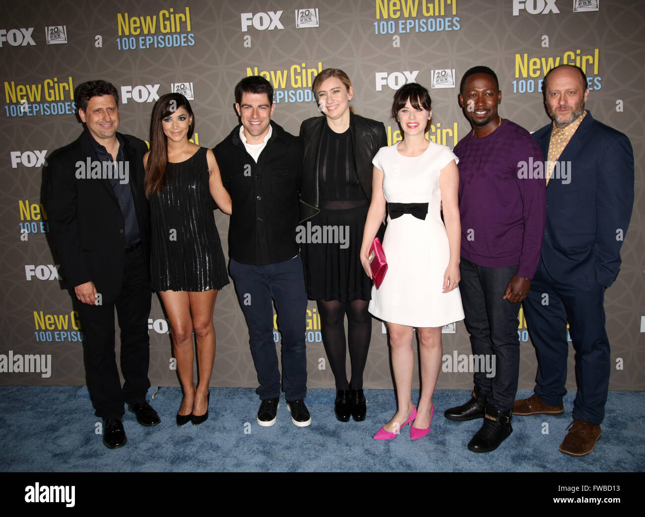 NEW GIRL 100e épisode Partie à l'hôtel W Westwood - Arrivées Musiciens : Dave Finkel, Hannah Simone, Max Greenfield, Elizabeth Meriwether, Zooey Deschanel, Lamorne Morris, Brett Baer Où : Los Angeles, California, United States Quand : 02 Mars 2016 Banque D'Images