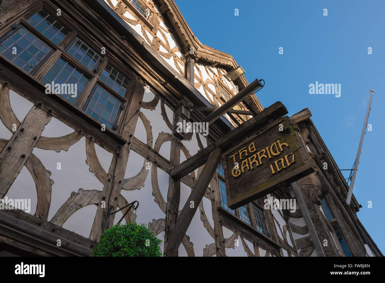 Pub England UK, détail du Garrick Inn, un bâtiment médiéval typique à pans de bois dans la High Street, Stratford Upon Avon, Angleterre, Royaume-Uni Banque D'Images