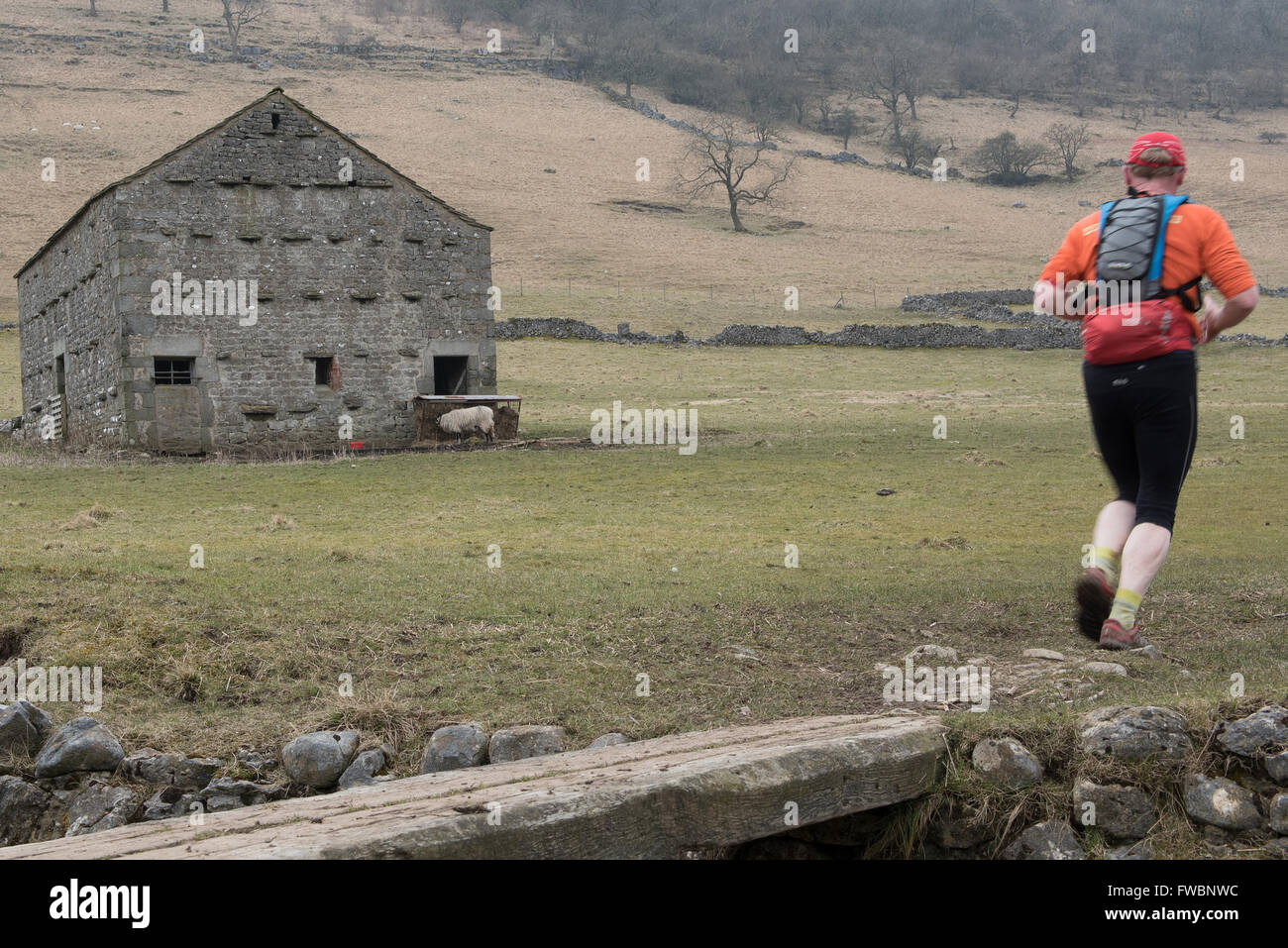 S'étend pas au-delà de canal sur la grange traditionnelle en pierre Dales way sentier près de Kettlewell dans la région de Dales National Park. Banque D'Images