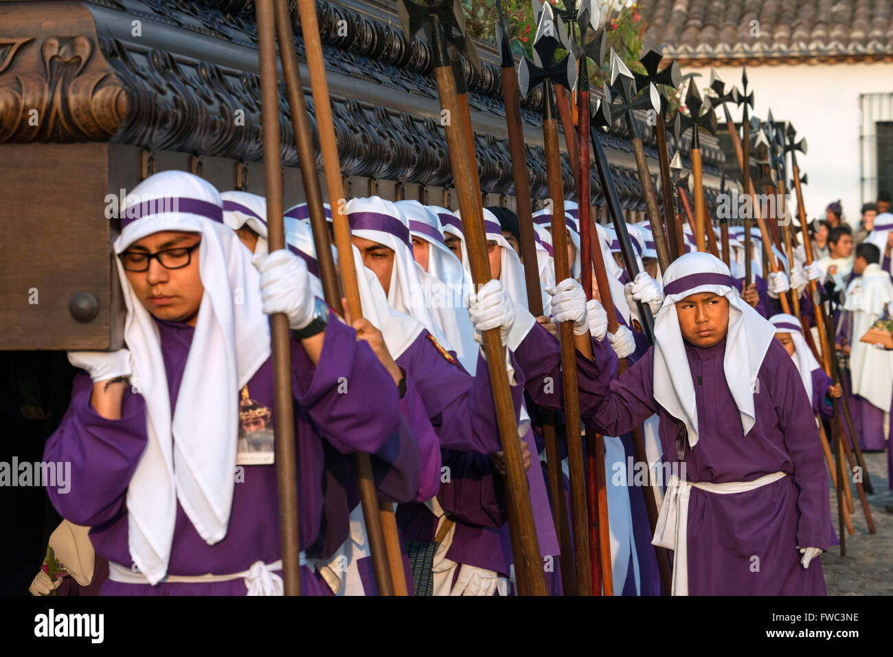 Procession de la Semaine Sainte de Pâques à Antigua, au Guatemala. Jésus Nazareno de la Penitencia Procession à Antigua, au Guatemala. Semaine sainte, Banque D'Images