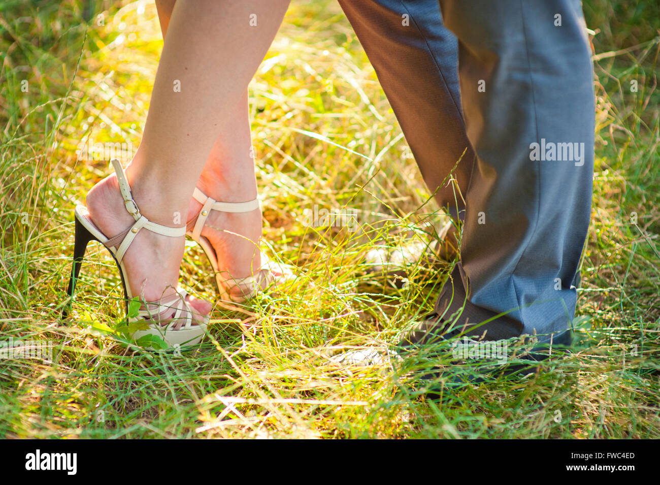 Jeunes mariés rester sur l'herbe verte Banque D'Images