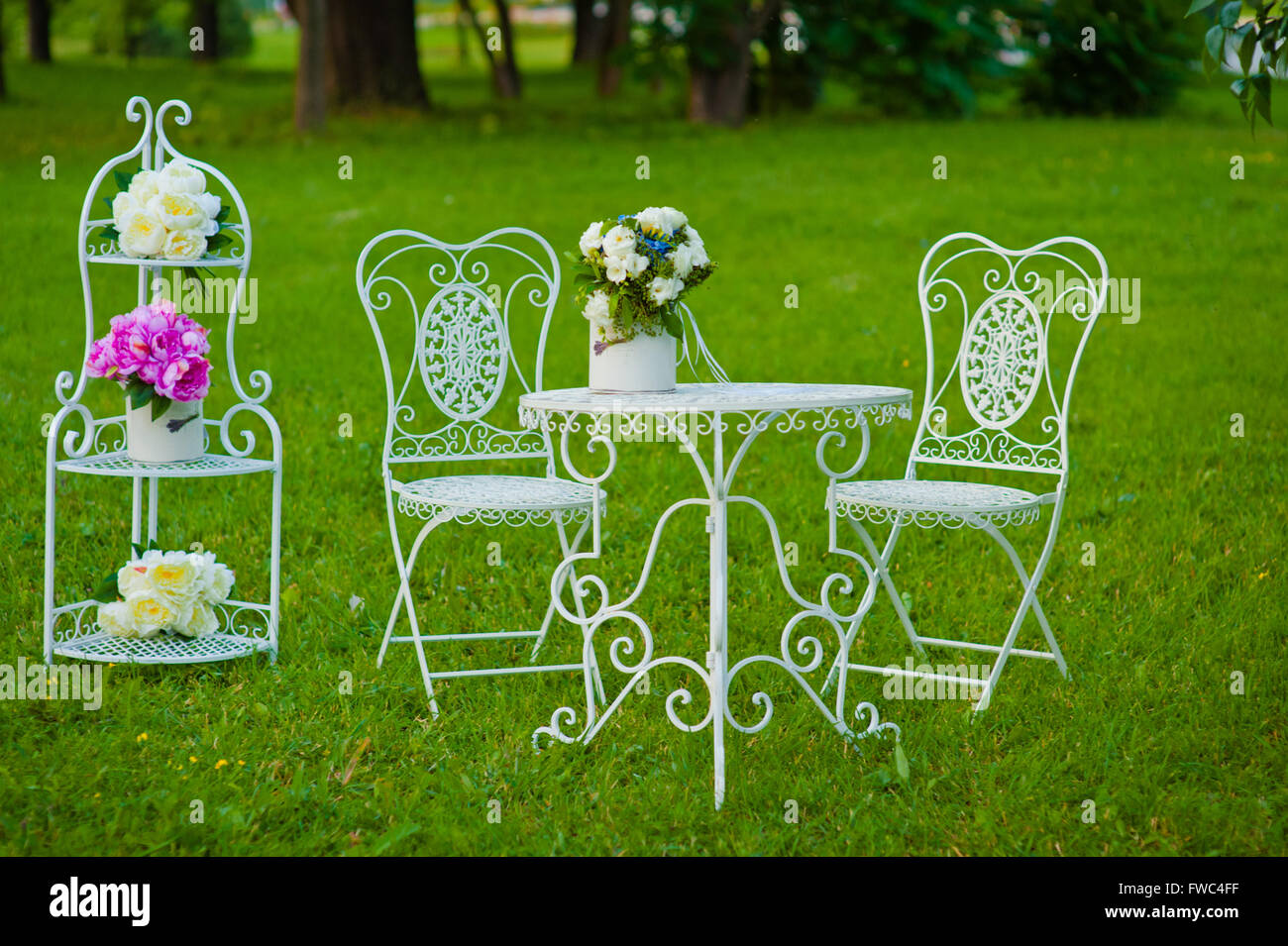 Table et chaises blanc sur l'herbe verte Banque D'Images