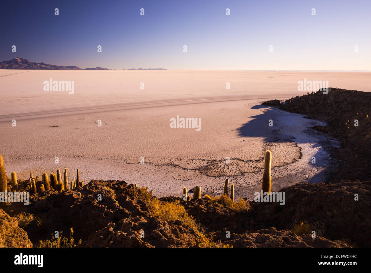 Vue grand angle de l'Uyuni Salt Flat, la plus importante destination de voyage en Bolivie. Cliché pris à l'aube de la s Banque D'Images