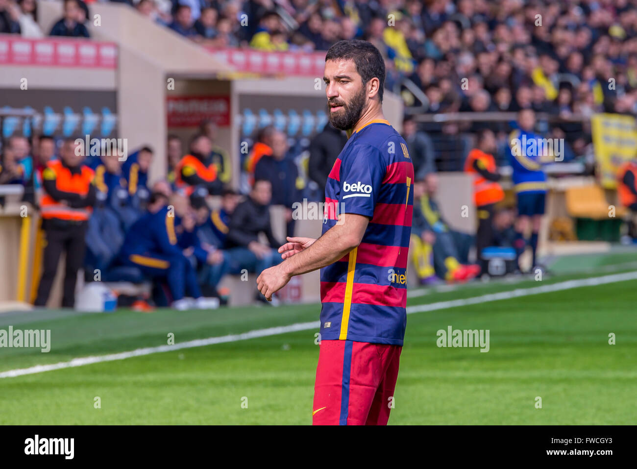 VILLARREAL, ESPAGNE - 20 mars : Arda Turan joue à la correspondance entre la Liga Villarreal CF et le FC Barcelone au Stade El Madrigal Banque D'Images