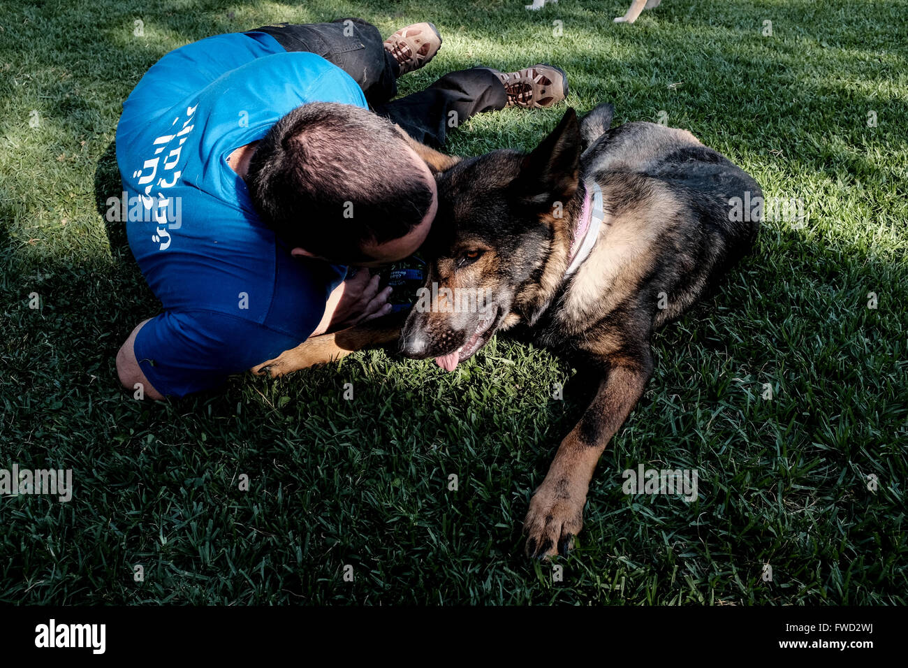 Jérusalem, Israël. 4 avril, 2016. Le Président et la Première Dame Rivlin accueil d'adopter un chien 'Jour' dans le jardin de la résidence du Président en partenariat avec l'organisation de protection des animaux israélienne 'que les animaux vivent". Credit : Alon Nir/Alamy Live News Banque D'Images