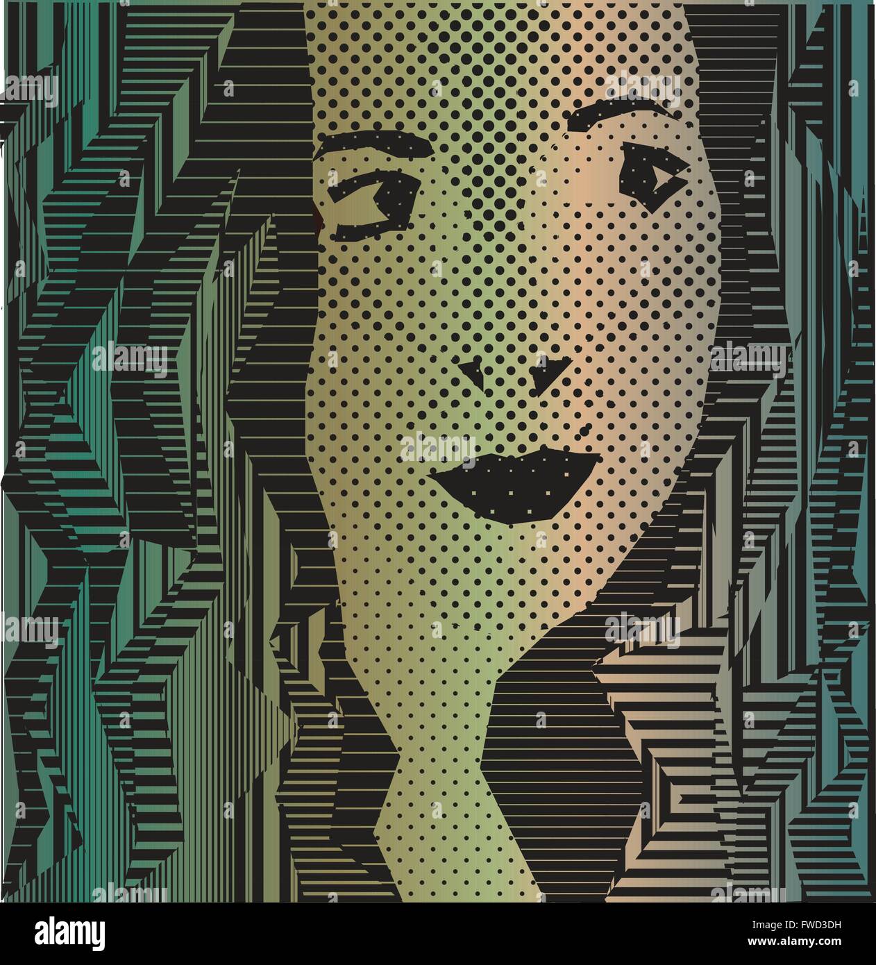 Pastel, vert, bleu, parsemée et bordée de rétro portrait d'une jolie fille Illustration de Vecteur
