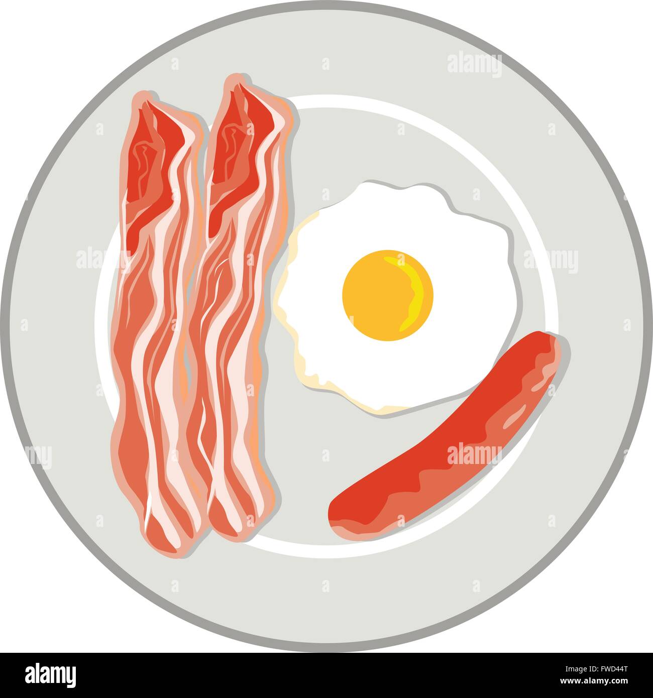Illustration d'un oeuf, bacon et saucisses sur une plaque sur fond isolé fait en style rétro. Illustration de Vecteur
