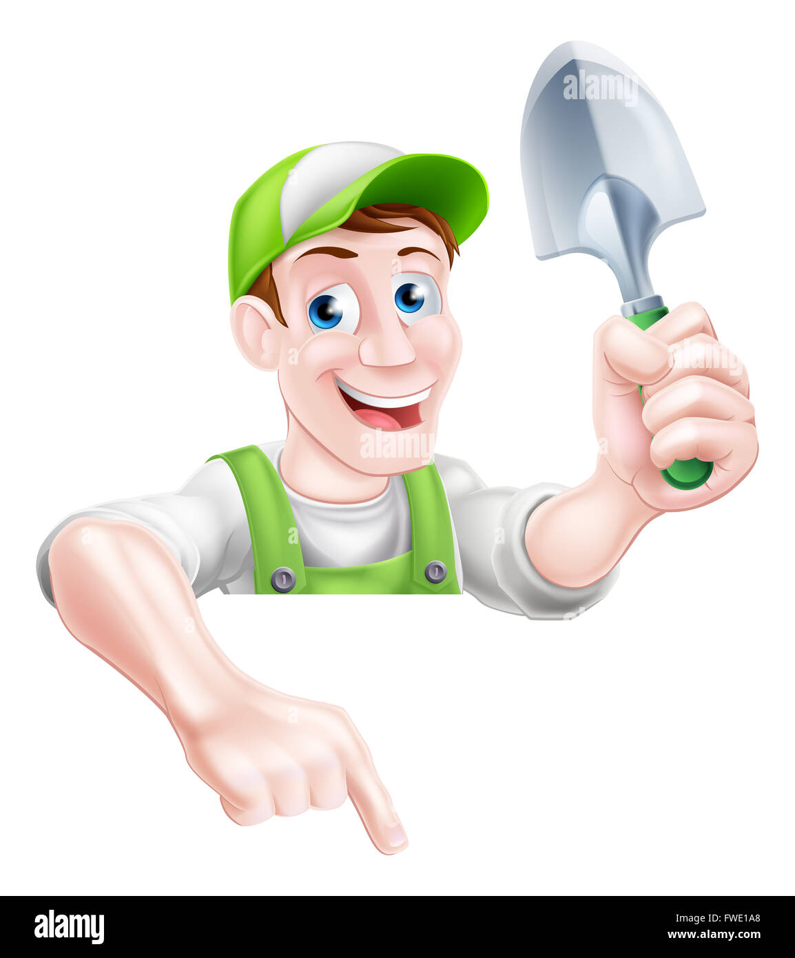 Un cartoon mascot jardinage jardinier tenant une truelle de jardin et pointant vers le bas Banque D'Images