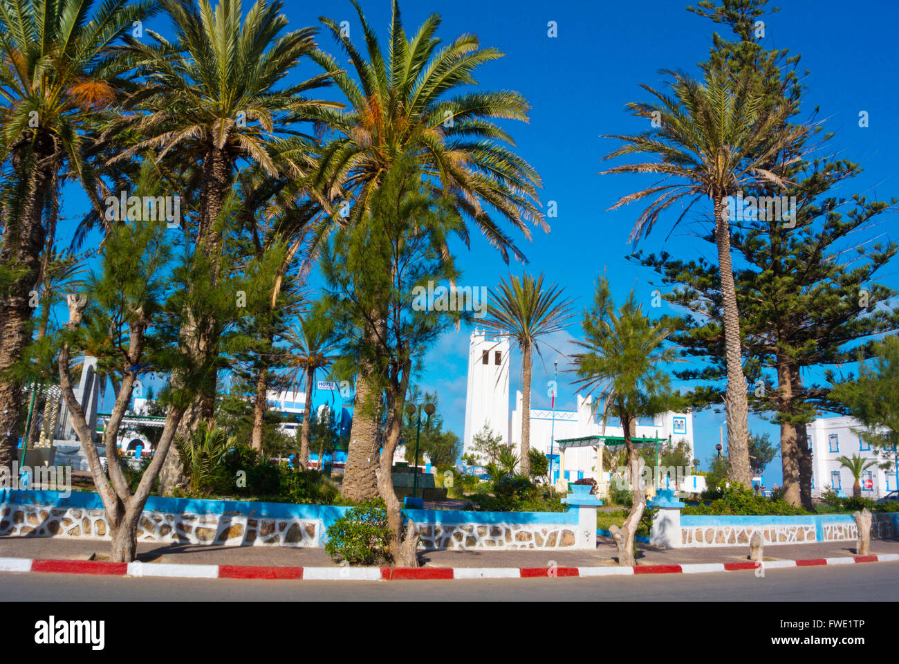 Place Hassan II, Plaza de Espana, Sidi Ifni, Guelmim-Oued région, le Maroc, l'Afrique du Nord Banque D'Images