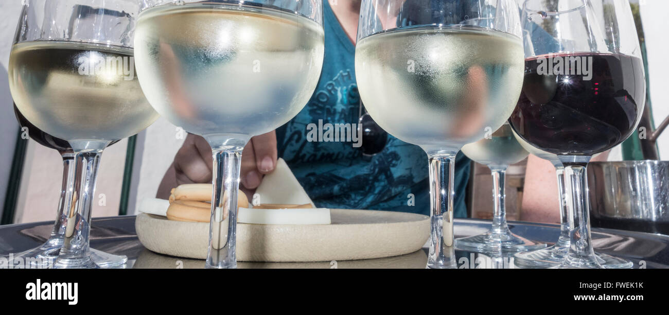 Essayant de tourisme vins et fromages en cave. La Geria, Lanzarote, îles Canaries, Espagne Banque D'Images