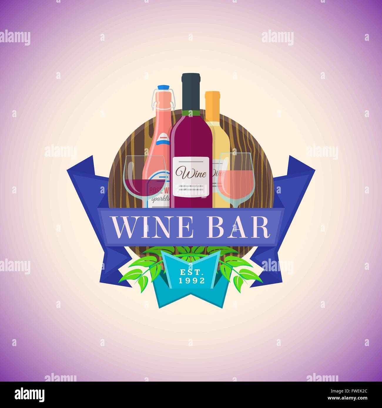 Design plat coloré vecteur bar à vin modèle signe avec rose mousseux, vins blanc et rouge de bouteilles et verres divers sur bois t Illustration de Vecteur