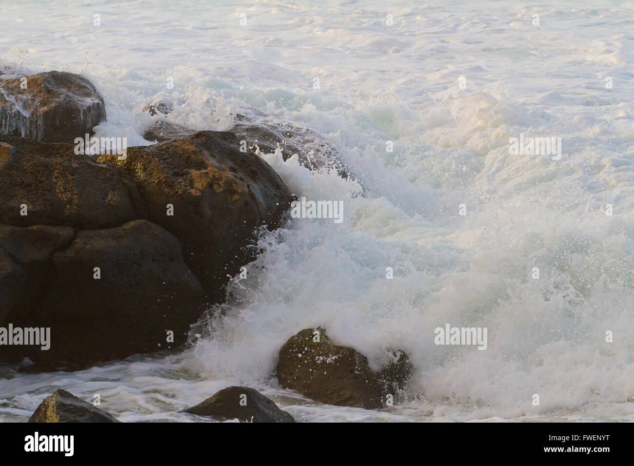 L'eau mousseuse blanche se précipite en plus dangereusement quelques roches sur la côte nord d'Oahu au cours d'une énorme tempête dans l'océan. Banque D'Images