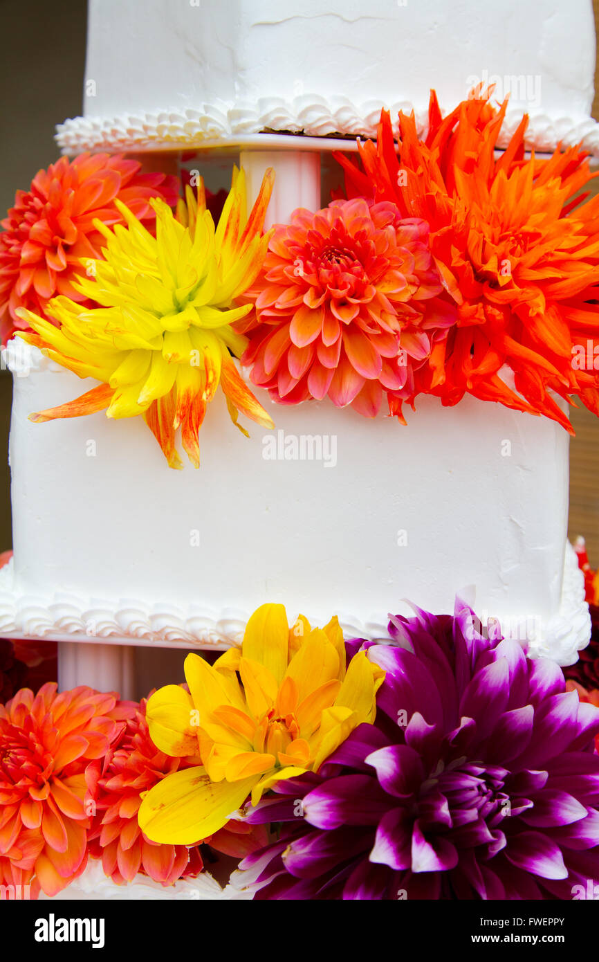 Un blanc très traditionnel gâteau de mariage à la réception d'une mariée et le marié le jour de leur mariage. Banque D'Images
