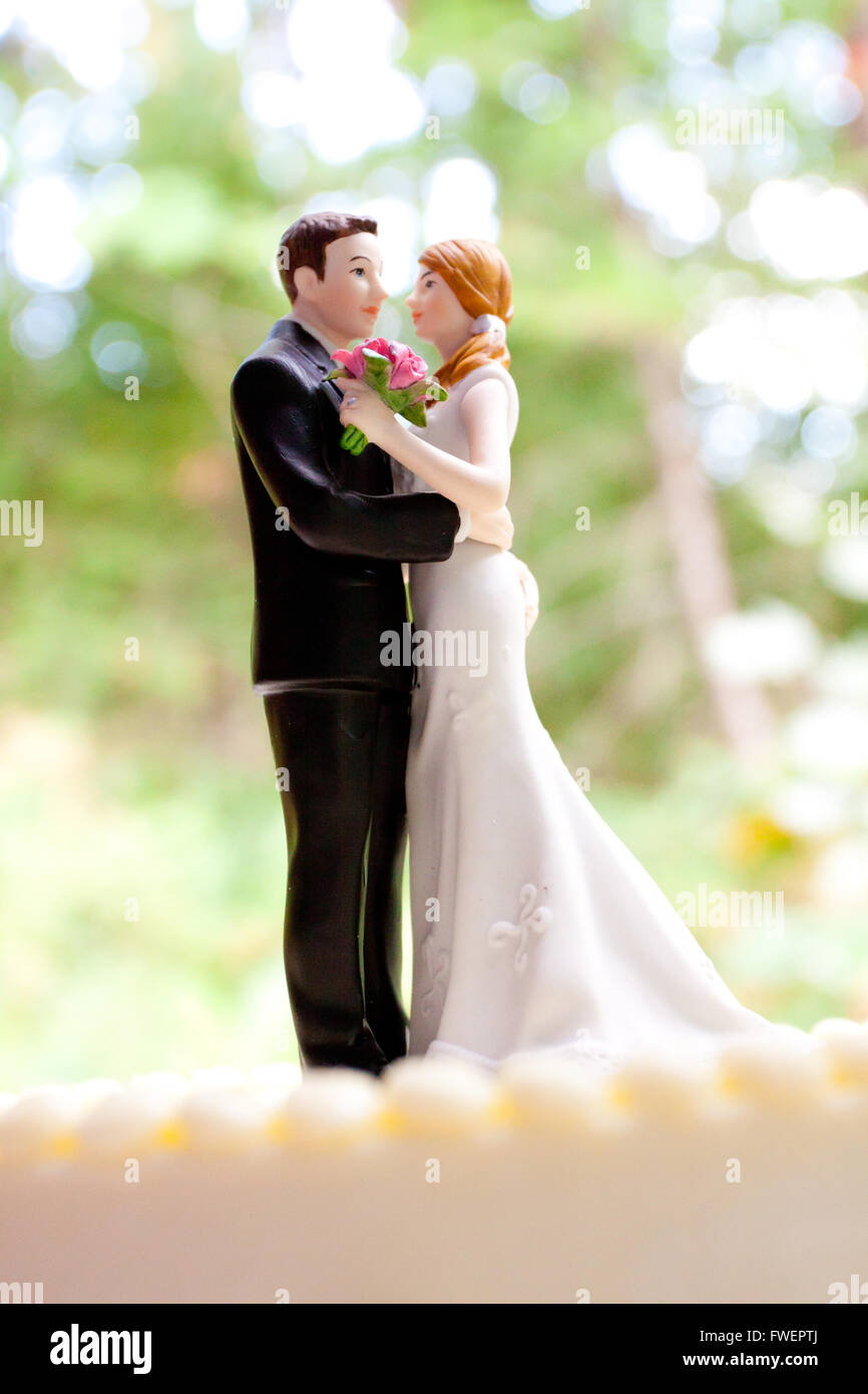 Une Bride and Groom cake toppers est au sommet de ce traditionnel gâteau de mariage blanc lors d'une réception dans les bois ou la forêt. Banque D'Images