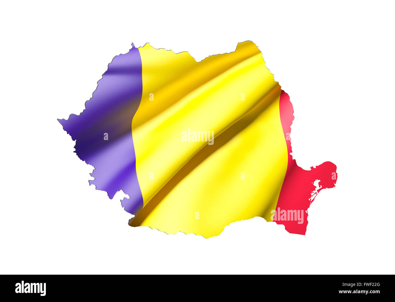 Le rendu 3D de la Roumanie la carte et drapeau sur fond blanc. Banque D'Images