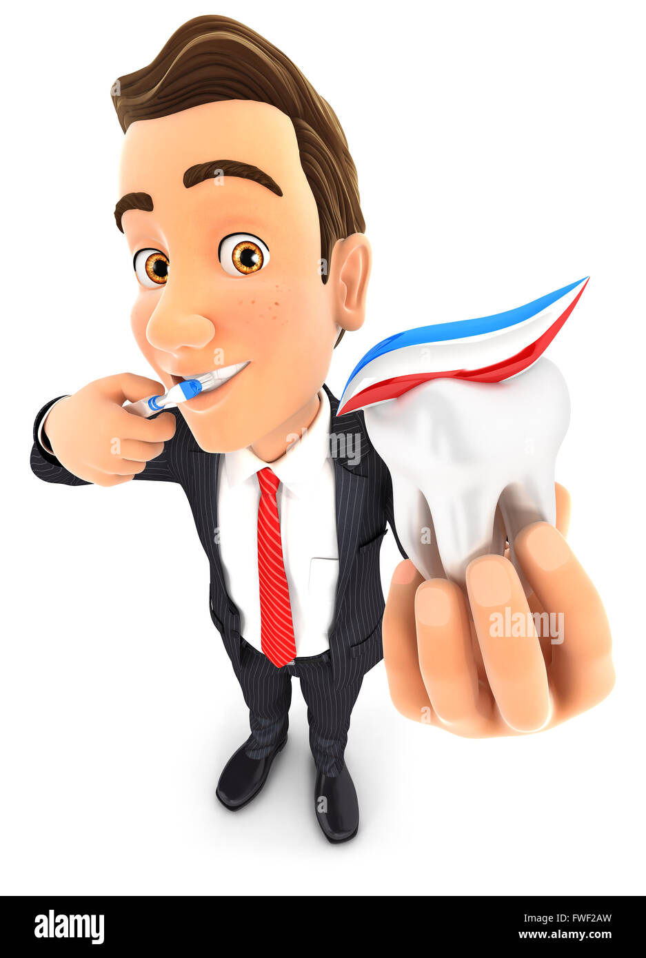Homme d 3d se brosser les dents et dents holding, isolé sur fond blanc Banque D'Images