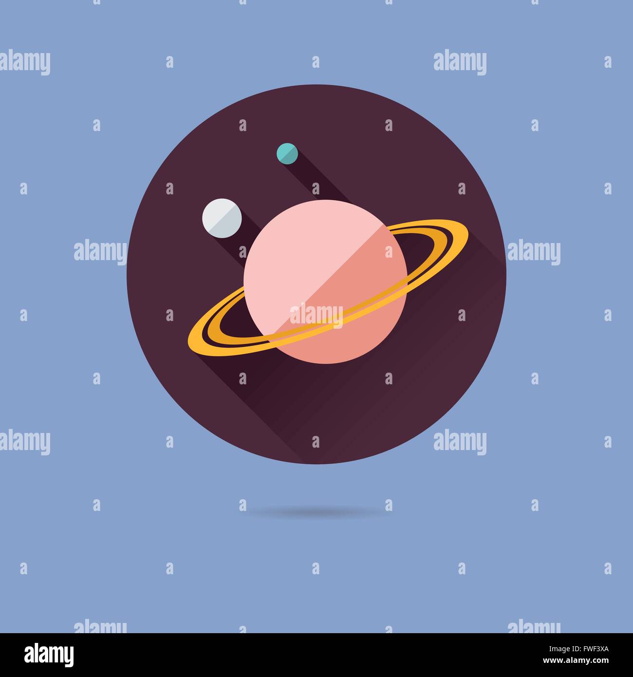 Saturne modèle plat long shadow icône vecteur en cercle sur fond bleu pastel Illustration de Vecteur
