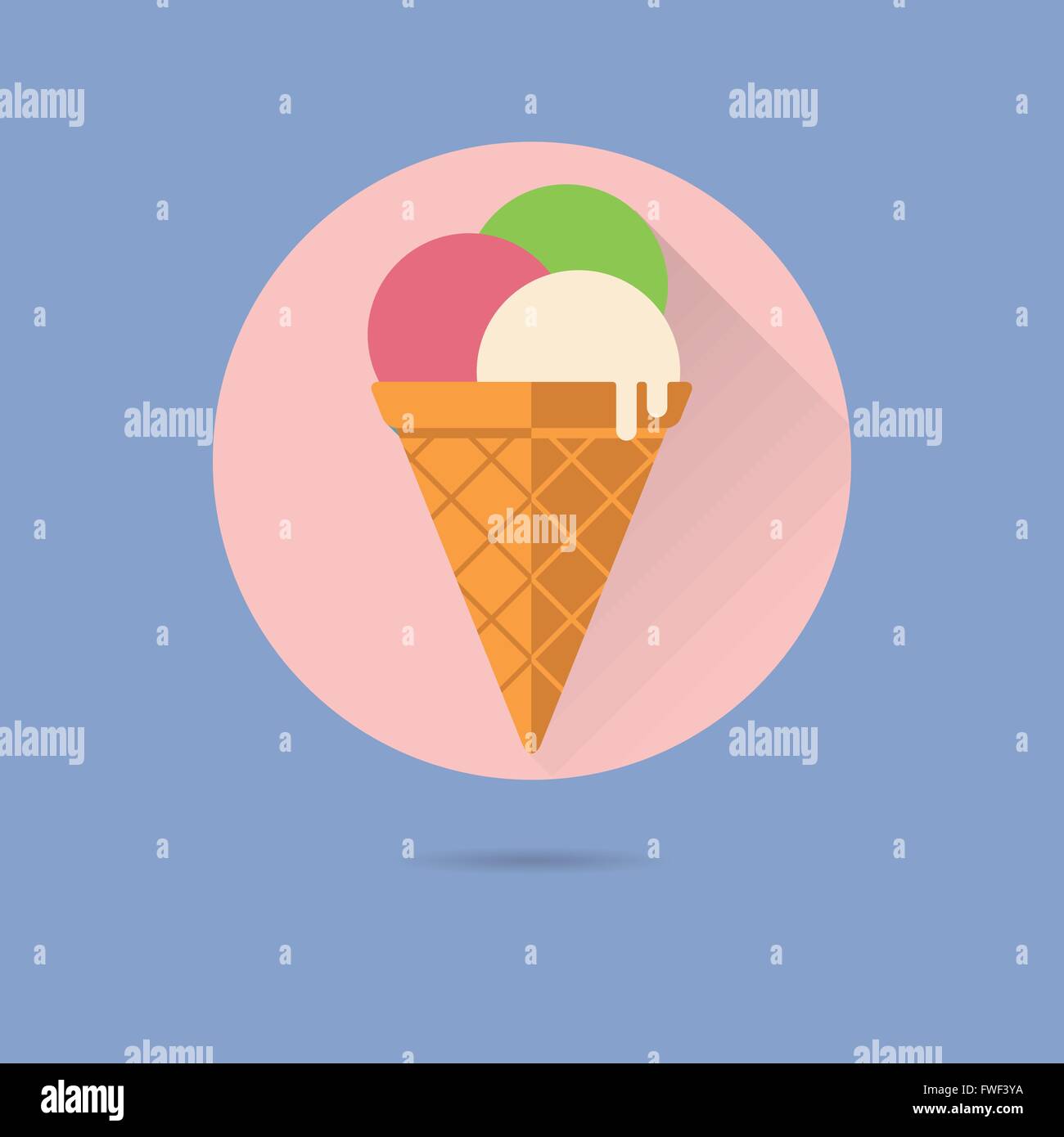 Ice cream cone modèle plat long shadow icône vecteur en cercle sur fond bleu pastel Illustration de Vecteur