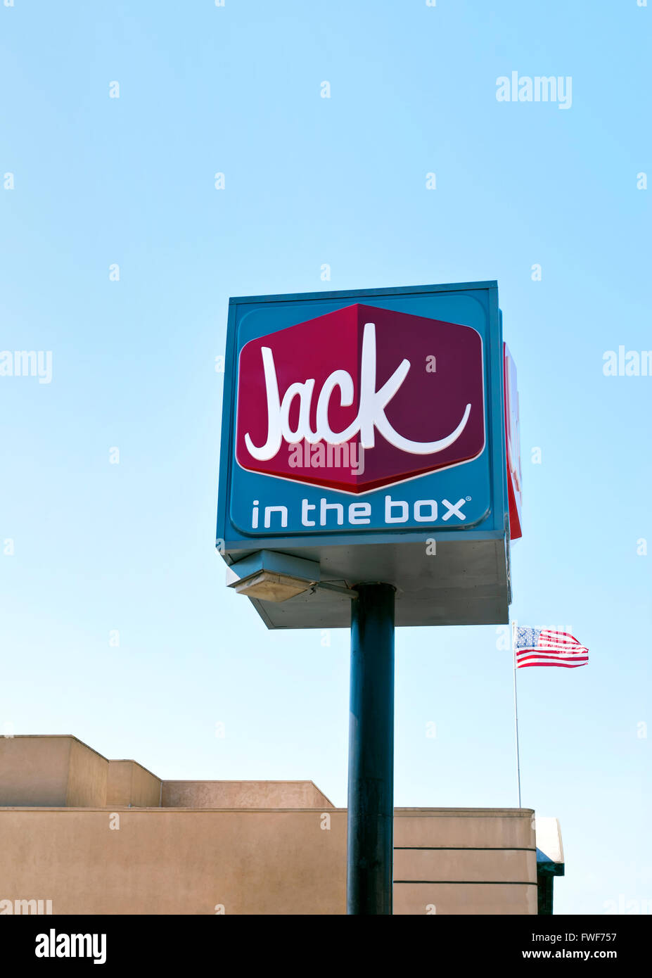 Un signe pour "Jack in the box' fast-food restaurant. Banque D'Images