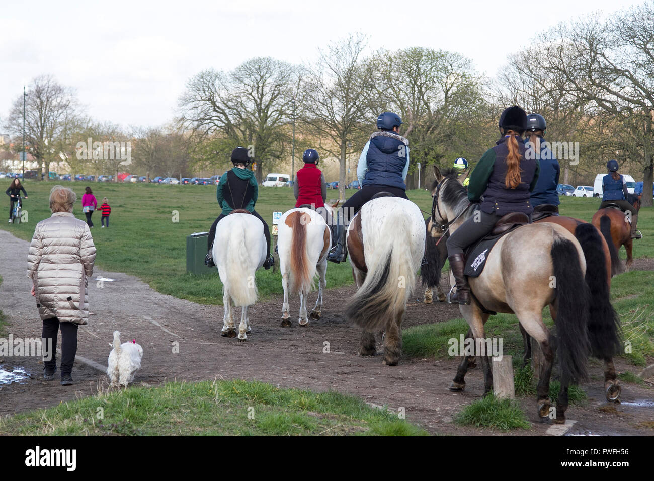 Wimbledon London,UK. 5 avril 2016. Les cavaliers sur Wimbledon Common sur un beau jour de printemps que les températures soient décidés à atteindre les 18 degrés celsius : Crédit amer ghazzal/Alamy Live News Banque D'Images