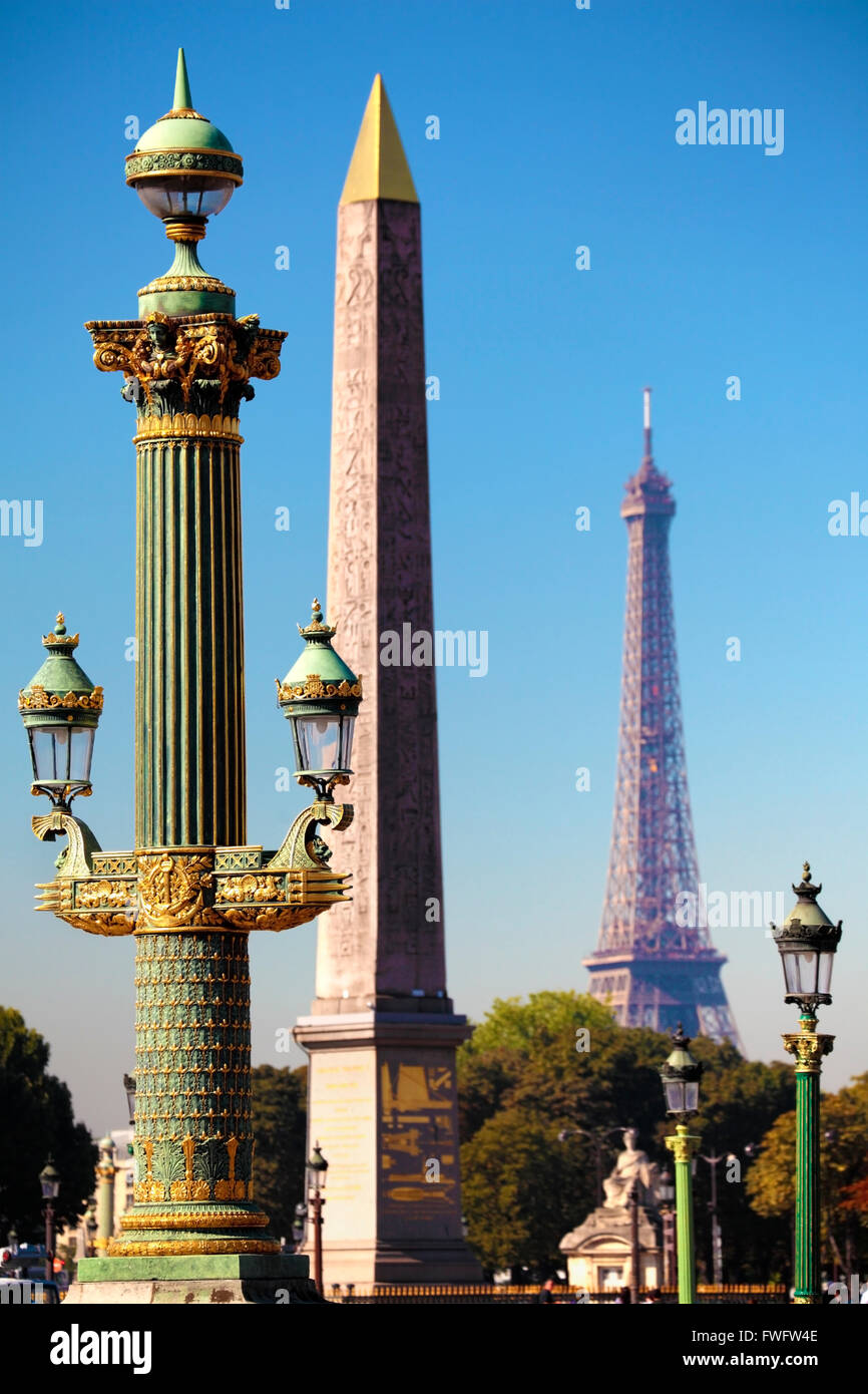 Place de la Concorde Paris France, la tour Eiffel, l'obélisque de Louxor Banque D'Images