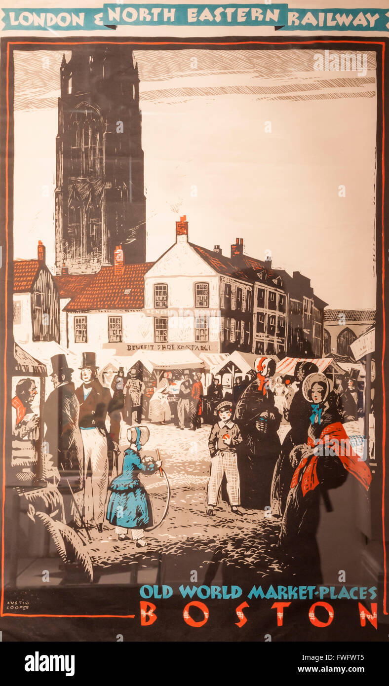 Vintage LNER (London and North East Railway) rail affiche annonçant le Boston, Lincolnshire, Angleterre. UK Banque D'Images