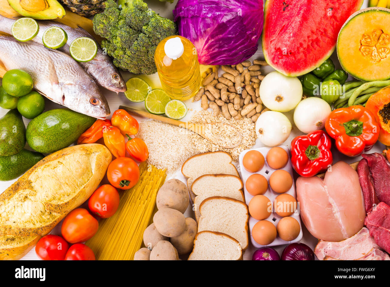 Groupe d'aliments sains, l'analyse comprend des protéines, hydrates de carbone, les bons gras, les fruits et légumes. Banque D'Images