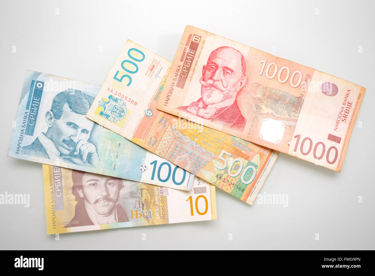 Différents projets de dinar serbe affiche sur fond blanc. Banque D'Images
