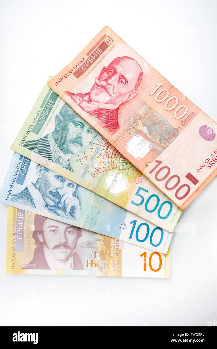 Différents projets de dinar serbe organisé sur fond blanc. Banque D'Images