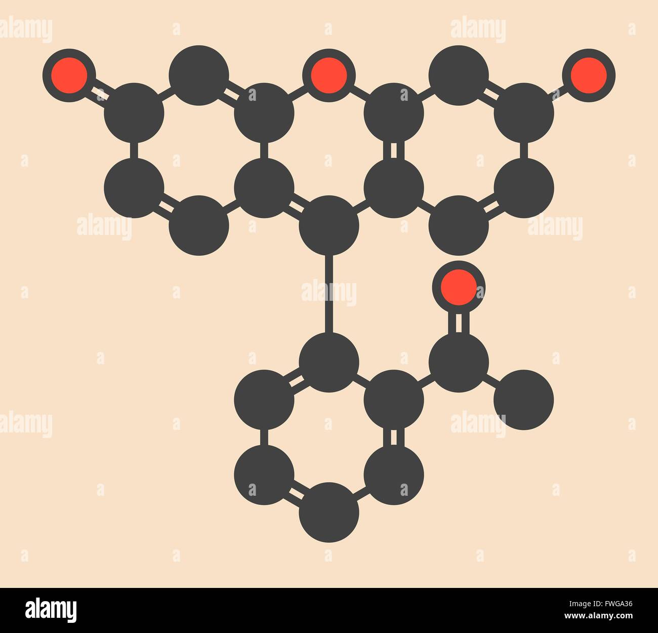 Molécule fluorescente fluorescéine formule topologique stylisé (structure chimique) les atomes sont représentés par des cercles de couleur : Banque D'Images