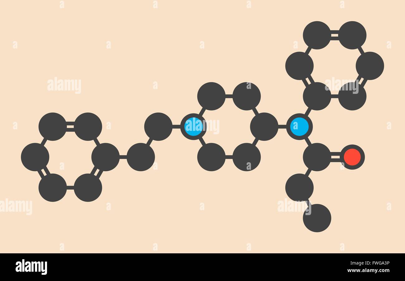 Fentanil (fentanyl) molécule du médicament analgésique opioïde formule topologique stylisé (structure chimique) les atomes sont indiquées comme Banque D'Images